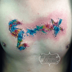 Watercolor starfish and seahorse tattoo #tattoo #marianagroning #karmatattoo #cdmx #MexicoCity #watercolor #watercolortattoo #watercolortattooartist #seahorse 