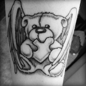 Teddy bear angel holding a puzzle piece in memory of my nana #teddybear #bear #angel #puzzlepiece #blackandgrey #forearm 