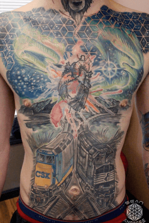 Custom #chestpiece #chest #train #trains #heart #watercolor #nightsky #sky #galaxy #cube #geometric tattoo by Sean Ambrose at Arrows and Embers Custom Tattoo. Thanks for looking! #tattoooftheday 