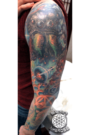 Custom #tarantula #spider #galaxy #space #sleeve #prayingmantis #sacredgeometry #geometric #planets tattoo by Sean Ambrose at Arrows and Embers Tattoo in Concord, NH. Thanks for looking! #tattoooftheday