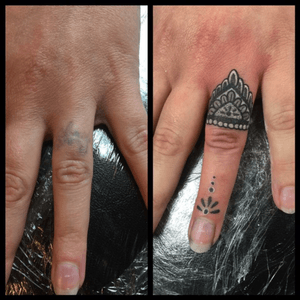 Coverup mandala finger tattoo done using grey and white pigment #mandalatattoo #fingertattoo #coverup #coveruptattoo #mandalafingertattoo