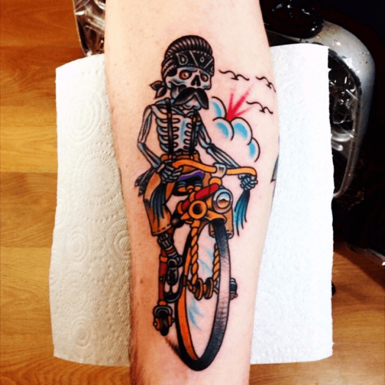 Cycling man done by Dan Galloway  Ten Thousand Tigers Blue Mountains  NSW  rtattoos