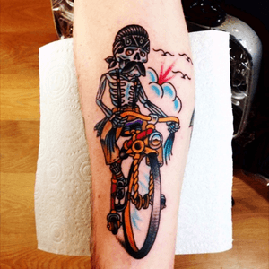 Skeleton riding a bike by olly furze #traditional #bike #skeleton 