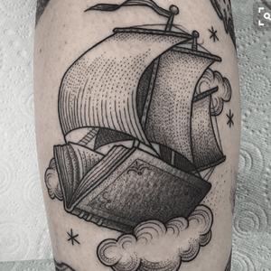 for the bookworms. #book #ship #black #linework #pinterest #books #clouds 