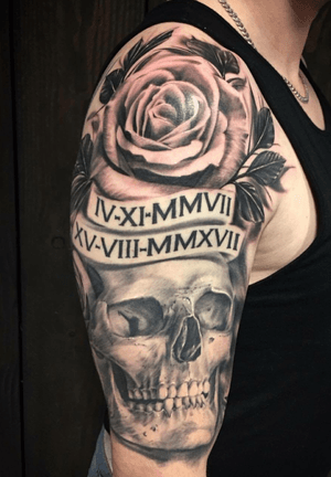 Done by Bram Koenen - Resident Artist.                            #tat #tatt #tattoo #tattoos #amazingtattoo #ink #inked #inkedup #amazingink #blackandgrey #Black #blackandgreytattoo #skull #skulls #rose #roses #rosetattoo #armpiece #inklovers #artlovers #culemborg #netherlands