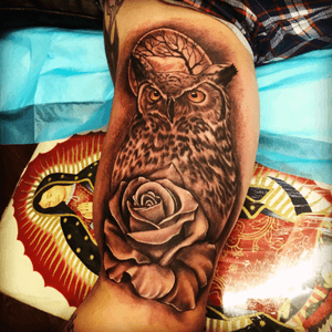 Owl realism rose balckandgrey tattoo 