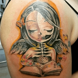#angel #skeleton #teading #book #butterflies #wings #cartoon #tattoosbygotti @tattoosbygotti 