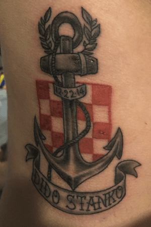 My tattoo an anchor with the Croatian Crest in the back🇭🇷, and the name and date of my grandftaher that hd past away 