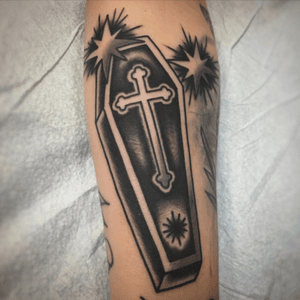 Done by Sterling Barck @ downtown Tattoo Las Vegas, Nevada. @Downtown_Tattoo_Las_Vegas #traditional #sterlingbarck #blackandgrey #coffin #traditionalcoffin