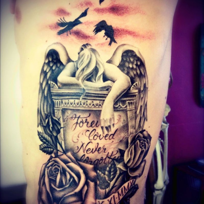 Tattoo uploaded by Wauters • Statue of the Angel of Grief. Text is forever loved, never