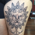Latest piece! (done in june) Still a bit to add Lion / mandala combination Done by Amber at the arthouse inc #tattoodo #tattoo #thigh #girlswithtattoos #lion #mandala #blackandgrey #animaltattoos #thightattoo 