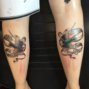 In-progress photo of my matching birdy leg tattoos, done by the lovely Audrey Tate at Aersenal Tattoo. 💕 #birdtattoo #swallow #symetrical #calftattoo #legtattoo #staytruetattoo #wordsofwisdom 