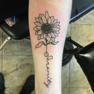 Love doing the simpler tattoos. Sunflowers really meant a lot to this lovely young woman. #sunflower #serenity #simpletattoo #script 