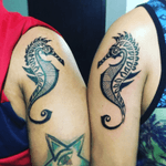 Polynesian-style seahorses!! Original design. A symbol of perseverance and commitment. #tattoo #polynesianstyle #seahorse #tribaltattoo #couplestattoo #commitment #loveislove #blacktattoo #legendrotary #ink #inklegacytattoo