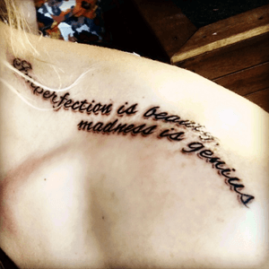 Flowing shoulder tattoo #marilyn #monroe #marilynmonroe #marilynquote #marilynmonroequote #monroequote #quote #quotetattoo #inspirationalquote #bodyquote #quotes #tattooquote #quoteoftheyear #imperfectionisbeauty #madnessisgenius #imperfectionisbeautymadnessisgenius #script #lettering #dropshadow #clean #bodyflow #curves #marilynmonroetattoo 