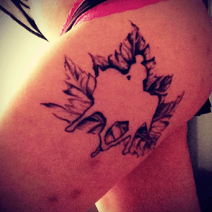 Maple leaf with a nevative cutout of me and my old horse. Own design. Made by SweetpieArt/SweetCandyTattoo/Alexandra Lundgren