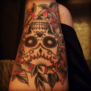 Piece done by Archie at battleborn tattoo in Reno NV #sugarskull #forearm #traditional 