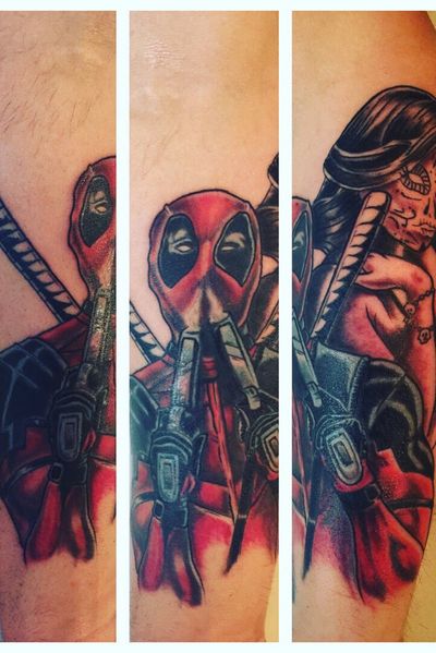 Deadpool/ Marvel sleeve. This is just the begining of the sleeve! #tattooartist #tattooart #colortattoo #NewSchoolArtist #newschool #skinhousestudio #coloradotattooartist #eternalink #Deadpool #deadpooltattoo #marvel #MarvelTattoo #TattooSleeve 