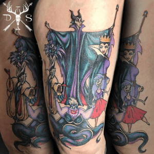 Disney villains thigh piece, completed with Maleficent, everything else is healed, done by DannyScottTattooArtist