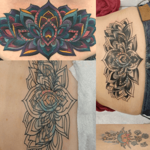 Tramp stamp cover up. Done in two sessions. Color was done two weeks after the initial coverup