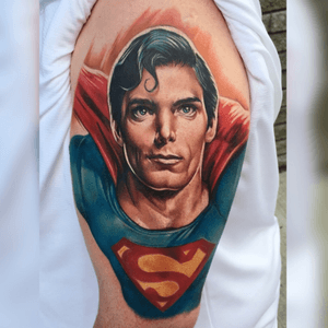 Love my Christopher Reeve Superman tattoo by the brilliantly talented #sarahmiller #superman #supermantattoo #reeve 