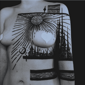 Tattoo by Thievesoftower #blackwork #chesttattoo #landscape #geometry 