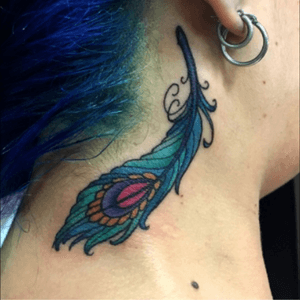 Custom neotraditionsl peacock feather. Would love to do more like this! Email me at burke.brigid@gmail.com #neotraditional #neotrad #neotraditionaltattoo #feathertattoo #peacock #peacockfeather #peacocktattoo #color #colortattoo #necktattoo #feather 