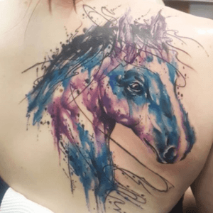 #horse #horsehead in #watercolor & #abstract #upperback #tattoo by #artist #SmelWink @smelwink of #victimsofink #melbourne #Australia 