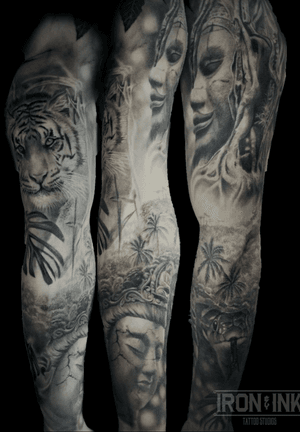 Jungle sleeve. Designed and tattooed by me #jungle #sleeve #sleevetattoo #blackandgrey #realistic #realism 