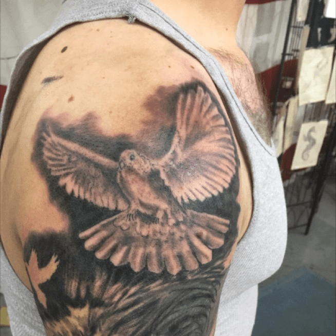 Tattoo uploaded by Libertytat • Part of a cover up. Dove. Relegious tattoo.  In progress • Tattoodo