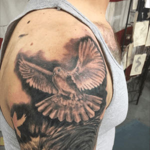 Part of a cover up. Dove. Relegious tattoo. In progress