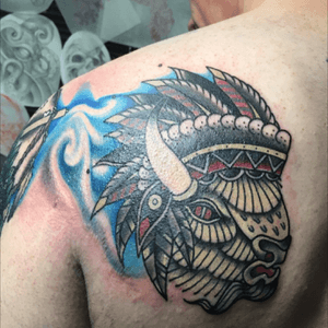 White Buffalo with Headress tk be added on my Oklahoma Tattoo. Zero Chatan, Okinawa Japan, artist Ken