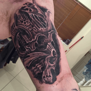 Skull, upper arm, bicep. Part of a sleeve. Artist steven nesbit @ sakura tattoo south gosforth Newcatle.