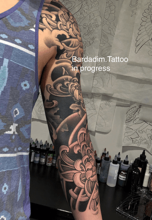 Japanese tattoo. Japanese sleeve. Black and grey chrysanthemums sleeve.
