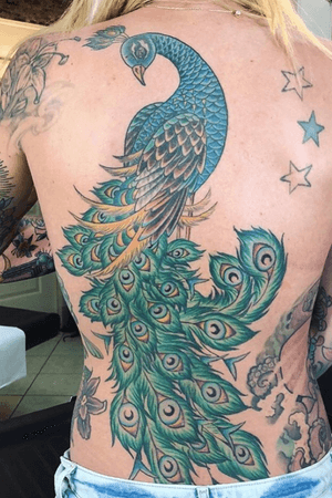 Peacock backpiece healed. Sadie Kennedy at Everlasting Tattoo San Francisco