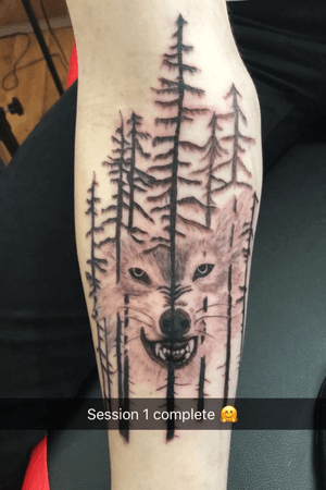 1st session of my sleeve complete #wolf #wolftattoo #forearmtattoo #forrest 