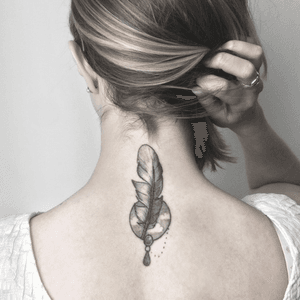 A beautiful girl who loves to fly like a bird between soft clouds, gets her own feather_#featgertattoo #cloudtattoo #necktattoo #anatoliitattooer #kievtattoo #graphictattoo #dotworktattoo #lineworktattoo #graphictattoo
