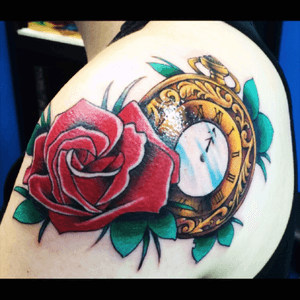 My first tattoo, done by Eric Brunelle at Kaleidoscope Tattoo in Cambridge, MA! #dreamtatoo #shoulder #traditional #rose #mine 