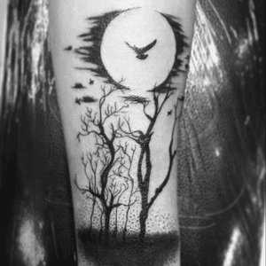 #blackink #forest #trees #birds #moon #dotwork #tattoo 