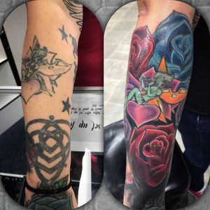 Cool cover up im working on #color #coverup #roses #tattoorepair 