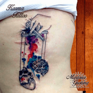 Heart and brain puppeteer tattoo #tattoo #marianagroning #karmatattoo #cdmx #MexicoCity #watercolor #watercolortattoo #watercolortattooartist #heart #brain 