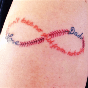 Memorial tattoo i got just after my dad passed away...it represents how him and I will always have a bond through Detroit Tigers baseball. Hence the Blue and orange colors for the text, and then the baseball stitches. The quote: "don't take no shit from nobody" while it seems funny, it really was something my dad told me all of the time as serious as ever. 