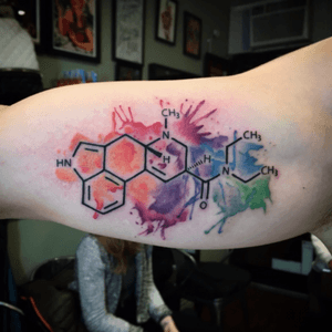 Watercolor/ molecular structure tattoo done by me at Red Baron Ink #watercolortattoo #molecule #lsd #redbaronink 