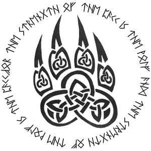 Celtic wolf paw with runic inscription “For the strength of the pack is the wolf and the strength of the wolf is the pack”