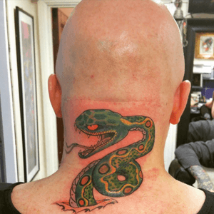 Snake tattoo on back of neck by Lal Hardy. Unfinished neck piece. #LalHardy  #NewWaveTattoo 