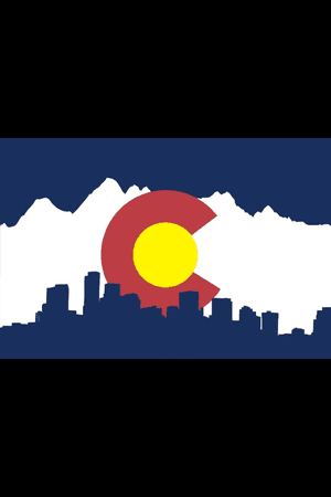 Colorado flag with denver skyline and mountains 