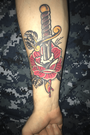 Daggar and a Rose. #navy #navyink #traditional #firsttattoo 
