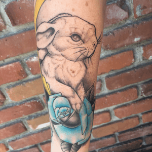 Fun start to a fun half sleeve!----#neotradotional #traditional #color #neotraditionaltattoo #rabbittattoo #rosetattoo #neotrad #neotraditionalrose