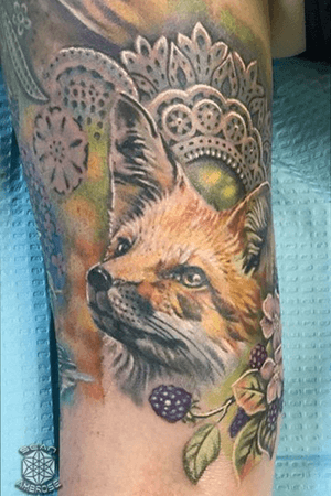 Custom #fox #lace #animal #woodland #colorful tattoo by Sean Ambrose at Arrows and Embers Custom Tattoo. Thanks for looking! #tattoooftheday 
