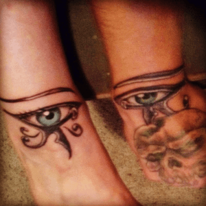 Our brother, sister tats- The sun (right eye) and the moon symbolizing protection during our days and nights. Though rare, it was said if seen together, they could see everything. All fakes beware 😉